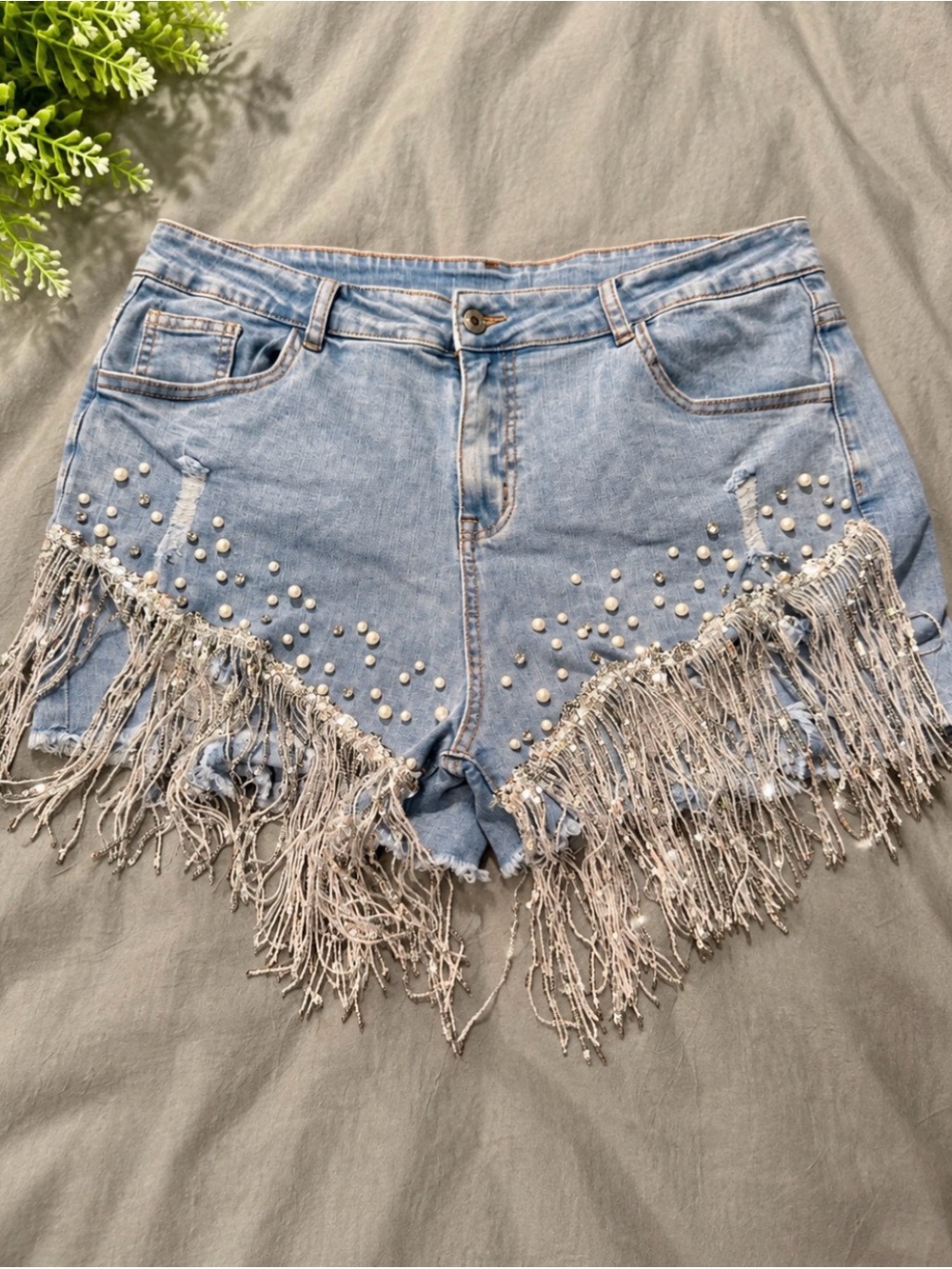 Light Blue Denim Jean Shorts with Pearl Studs & Fringe